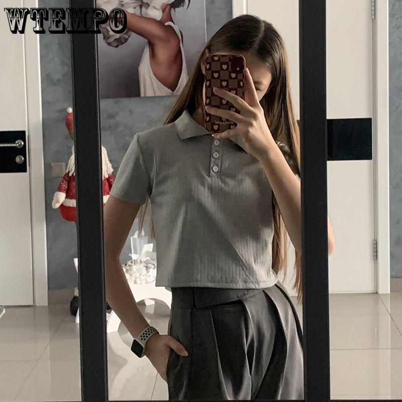 Шикарные футболки с воротником-поло, женские корейские укороченные топы в стиле Харадзюку, футболки на пуговицах, облегающие женские рубашки с короткими рукавами, уличная одежда