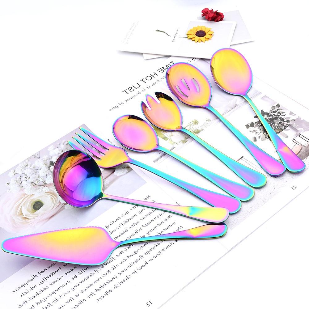 JANKNG Rainbow Tableware Stainless Steel Service Set Soup Spoon Salad Fork Cakecutter Dinnerware Set Dinner Kitchen Flatware Set