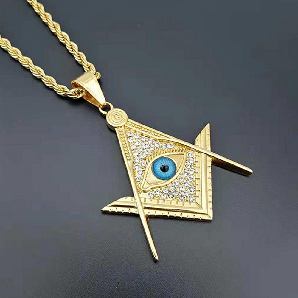 Iced Out Masonic All Seeing Eye Pendant Necklace Male Gold Color Stainless Steel Chain For Men Freemason Mason Jewelry