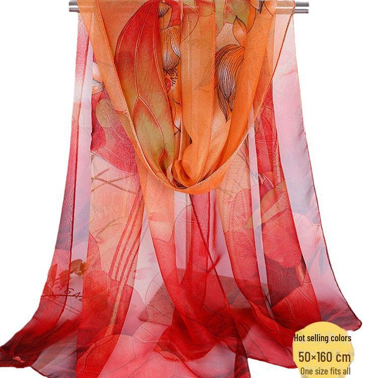 Lotus Georgette Silk Scarf: Medium-Length Printed Summer Shawl for Sun Protection and Dance, All-Match Mother Style.