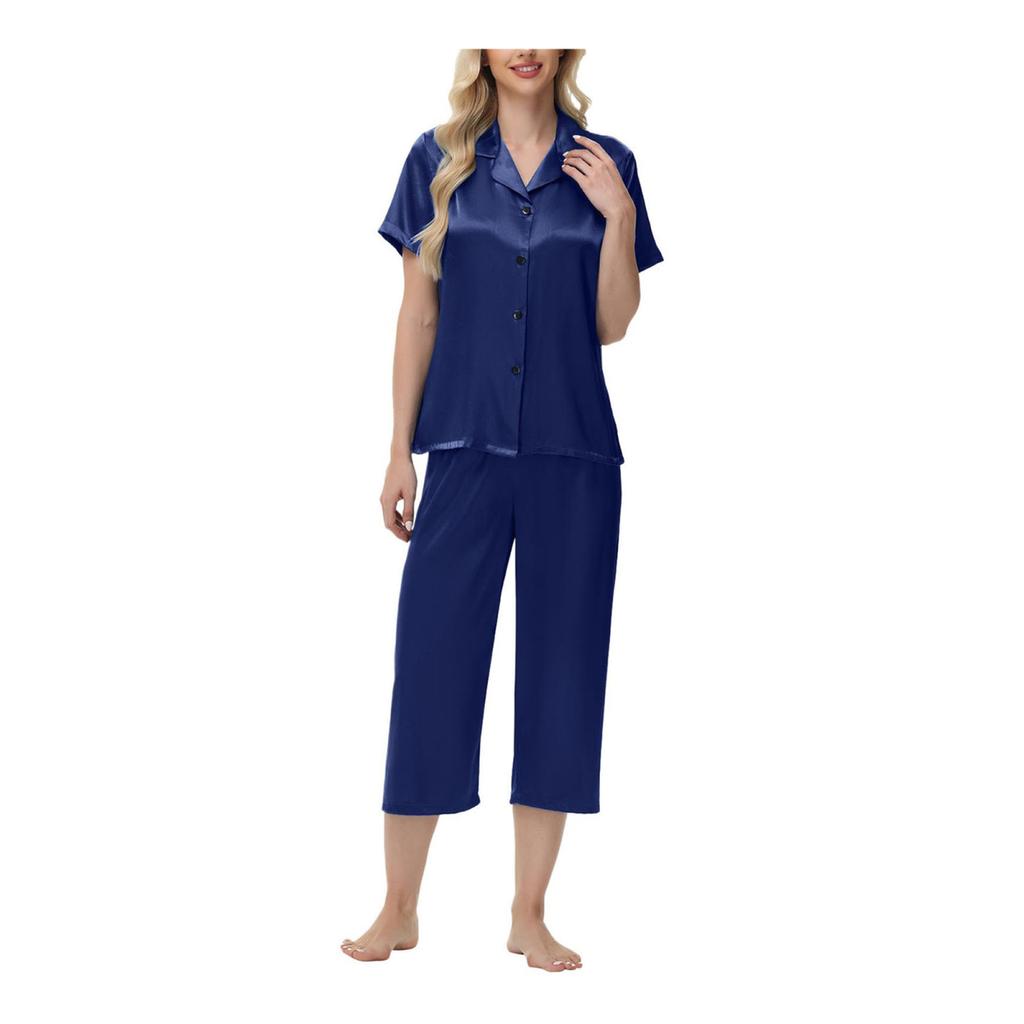 2 шт./комплект пижамы Ice Silk, рубашка с длинным рукавом и застежкой на пуговицы, эластичный пояс, широкие укороченные брюки, домашняя одежда, повседневный наряд, весенняя одежда для сна