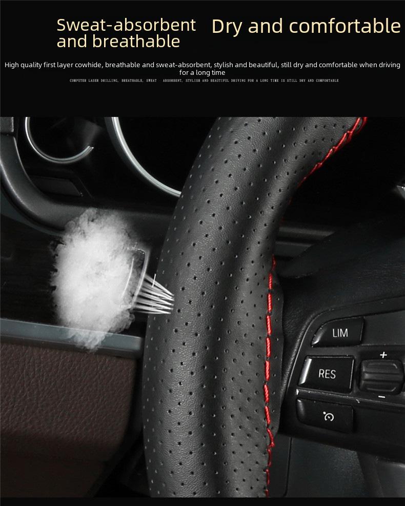 Универсальный комплект чехлов на ручки автомобиля и рулевое колесо из натуральной кожи - цветной сшитый вручную - 1-й слой коровьей кожи - Four Seasons - боковое отверстие