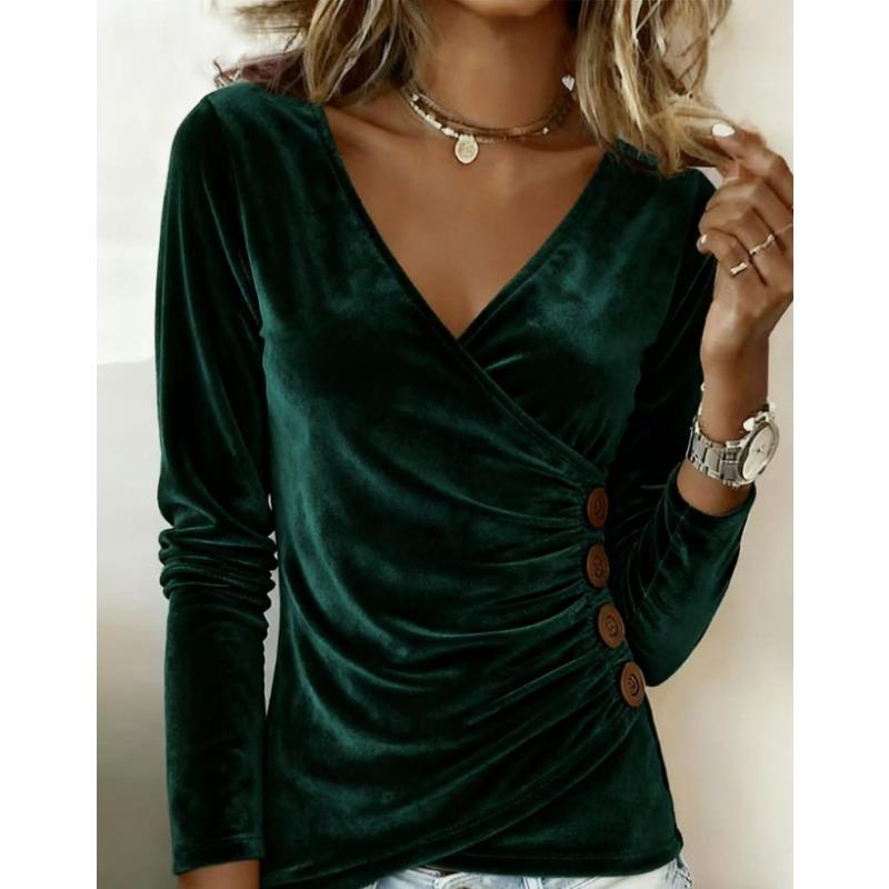 Women S Slim Fit V Neck Button Long Sleeve Solid Color Top