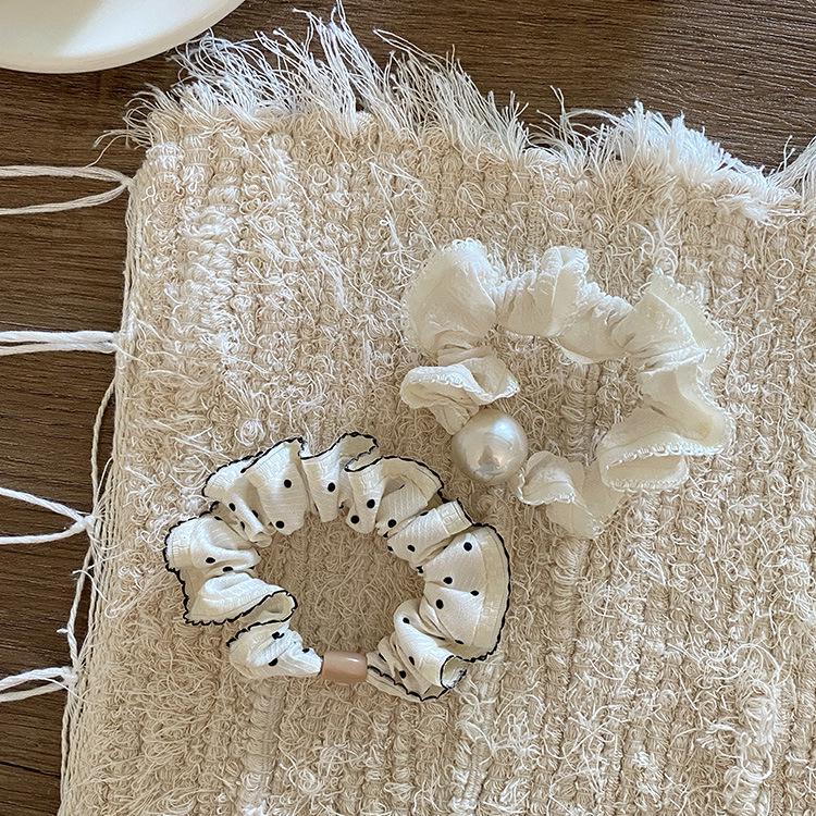 Корейская черно-белая резинка-скранчи в горошек с жемчугом - Универсальная, высокоэластичная резинка для волос