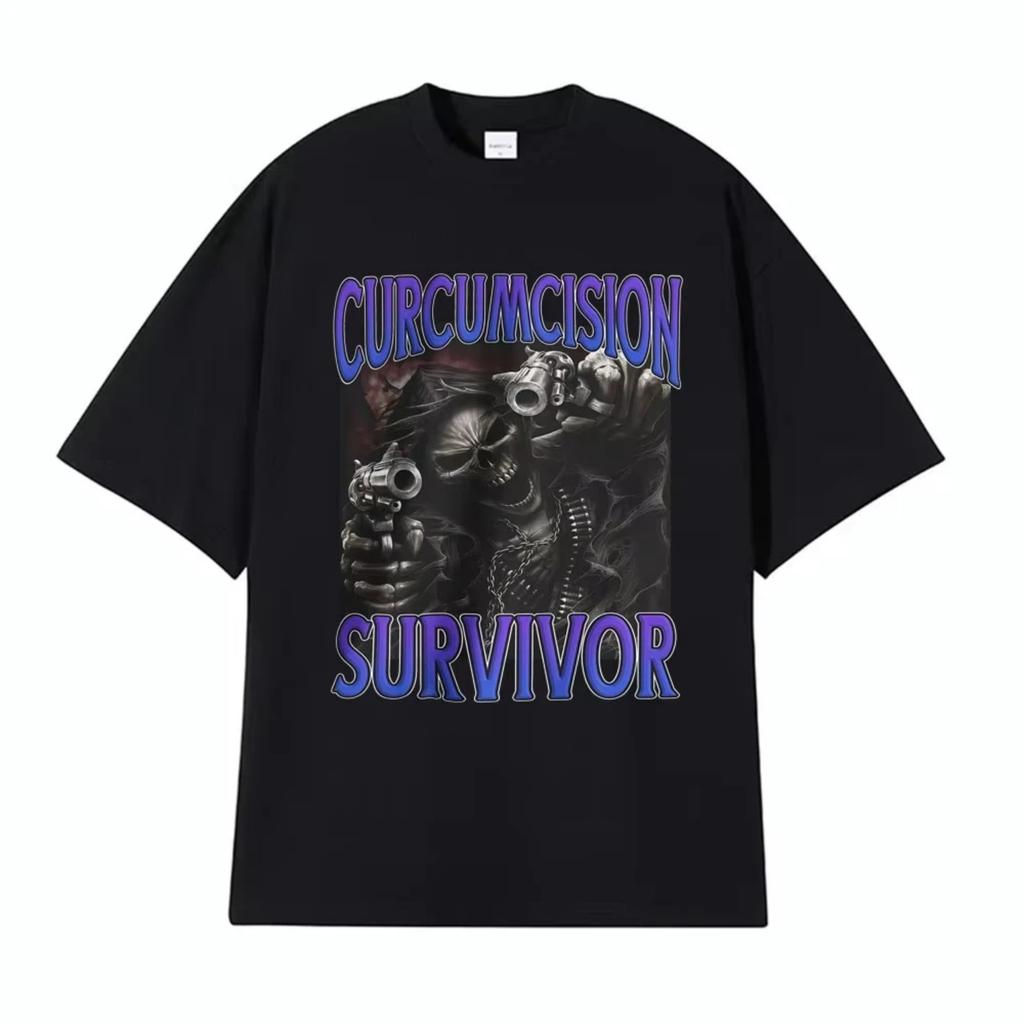 Curcumcision Survivor Funny Skull Meme T-shirts Men's Humorous Joke Tops T-shirt Male Retro High Street Oversized Gothic T Shirt