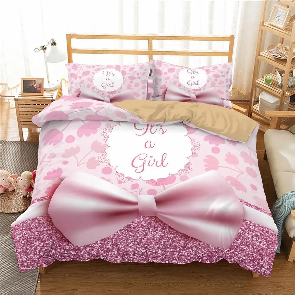 Girl Duvet Cover Set Pink Bow Pattern Kawaii Twin Bedding Set Pink Polyester Bedding Collections for Kids Girls Queen King Size