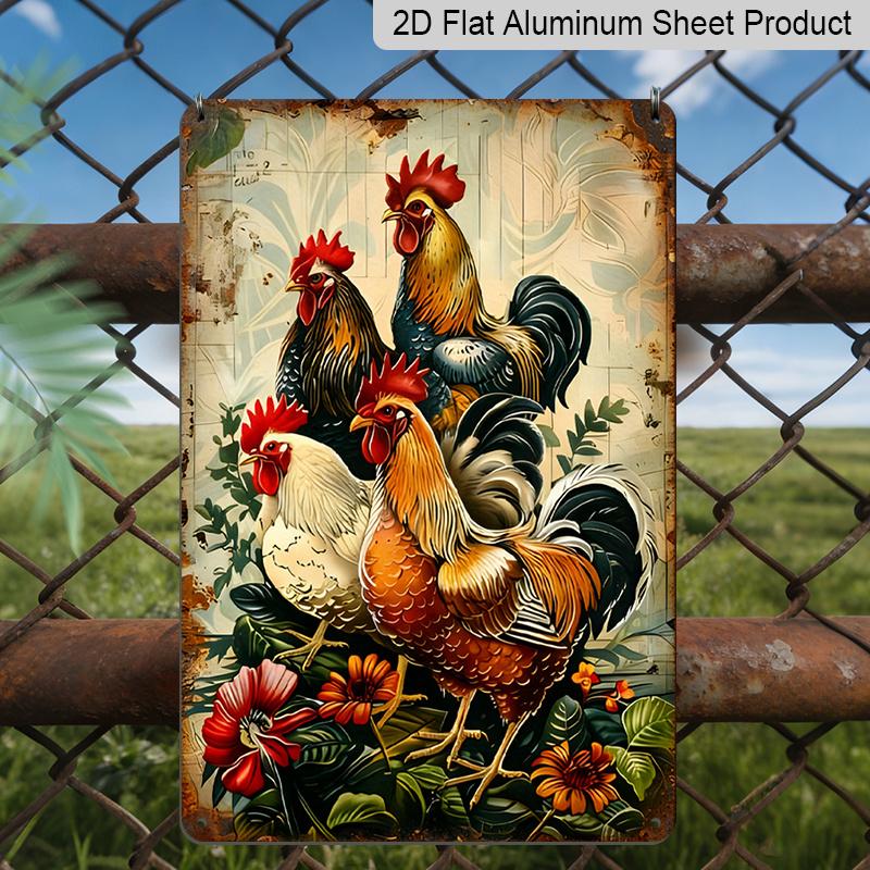 2D Flat, 1pc Vintage Rooster Metal Sign - 8x12 Inch Rustic Aluminum Wall Art with 3 Roosters & Floral Design, Indoor/Outdoor Decorative Hanging Plate