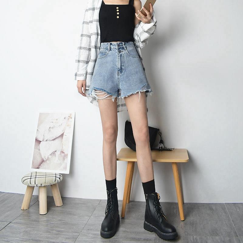 Wowen Classic and Minimalist Fashion Versatile Black Female Summer Broken Holes Wide-legged Pants A Word Loose Ragged Edge Shorts Female Denim Shorts