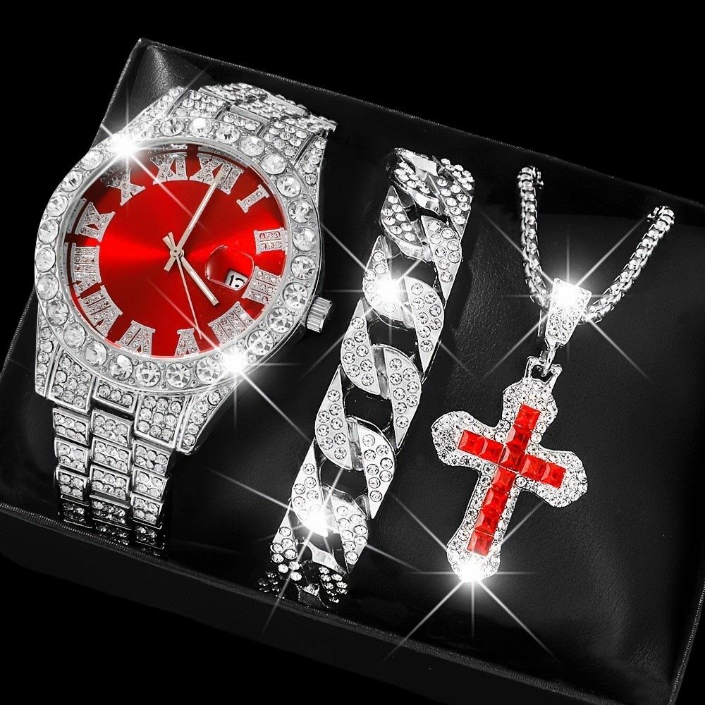 Men'S Hip-Hop Trendy Fashion Large Dial, Popular Diamond-Encrusted Cuban Chain Watch Set Yymy Watch