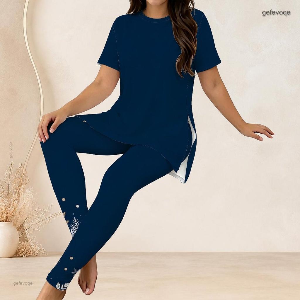 Women Plus Size Black White Printed Round Neck Short Sleeve Top And Long Pants Two Piece Set
