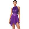 Womens Lyrical Dance Dress Ruched Metallic Mesh Rhinestone Detail Irregular Hem Sleeveless Backless Built In Briefs Leotard