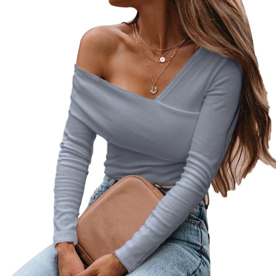 Осенняя блузка с открытыми плечами, однотонная женская тонкая блузка с длинным рукавом, все