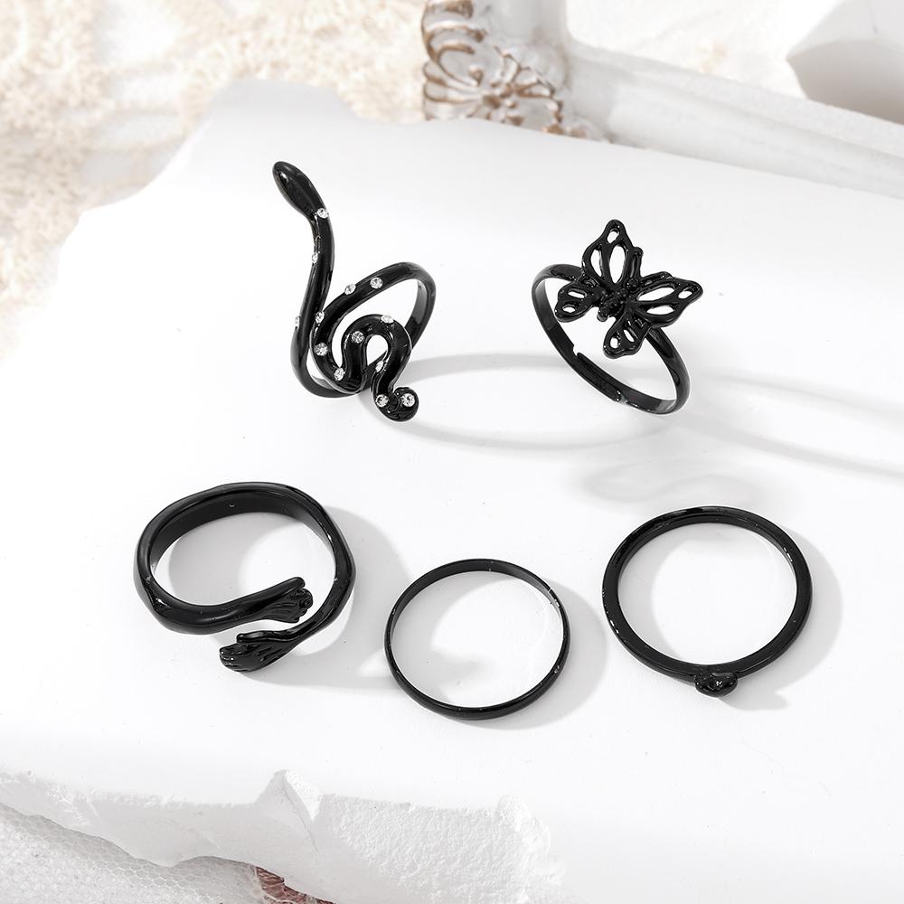 Черный темпераментный гламурный комплект колец, обнимающее открытое кольцо, кольцо с бриллиантами в виде бабочки, змеи, комплект из 5 предметов для девочек, элегантные ювелирные изделия