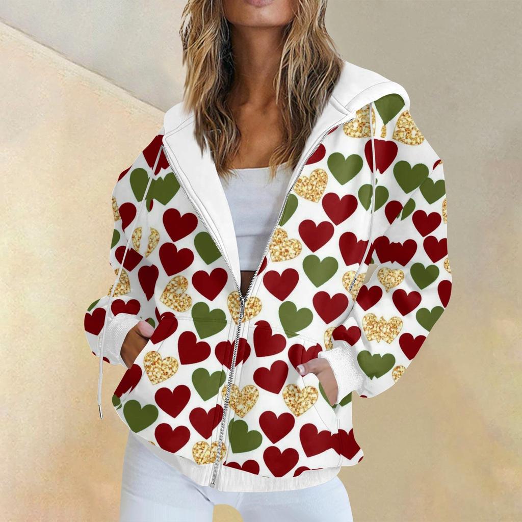 Women's Fashion Casual Christmas Print Long Sleeve Sweatshirt Pocket Jacket Zipper Hoodie Coat