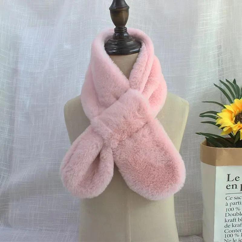 Детский зимний теплый утолщенный шарф с перекрестным воротником для мальчиков и девочек, однотонный искусственный мех кролика, плюшевый милый платок-шарф