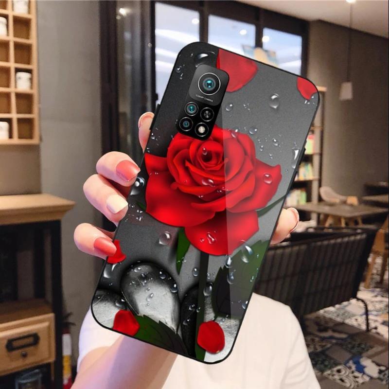 Чехол для телефона с цветком красной розы для Xiaomi 12 11T 10 9 Redmi Note 11 10 10S Pro Redmi 9 9A 8, черный стеклянный чехол для телефона из поликарбоната