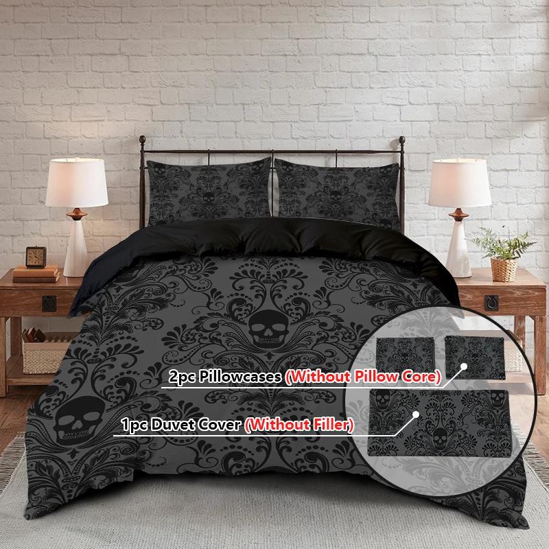 3pcs Skull Flower Duvet set With Flower Skull Pattern, Includes 1 Duvet Cover And 2 Pillowcases, Suitable For All Seasons