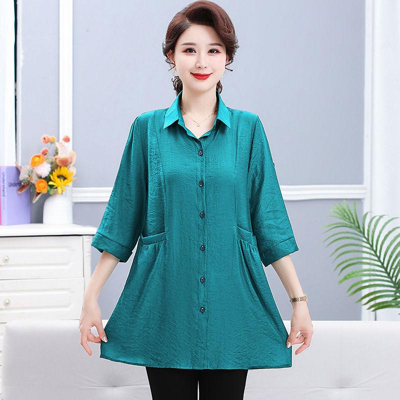 Повседневная однотонная рубашка миди для поездок на работу, однобортная, модная, с отложным воротником, летняя, рукав 3/4, женская одежда, карманы, блузка