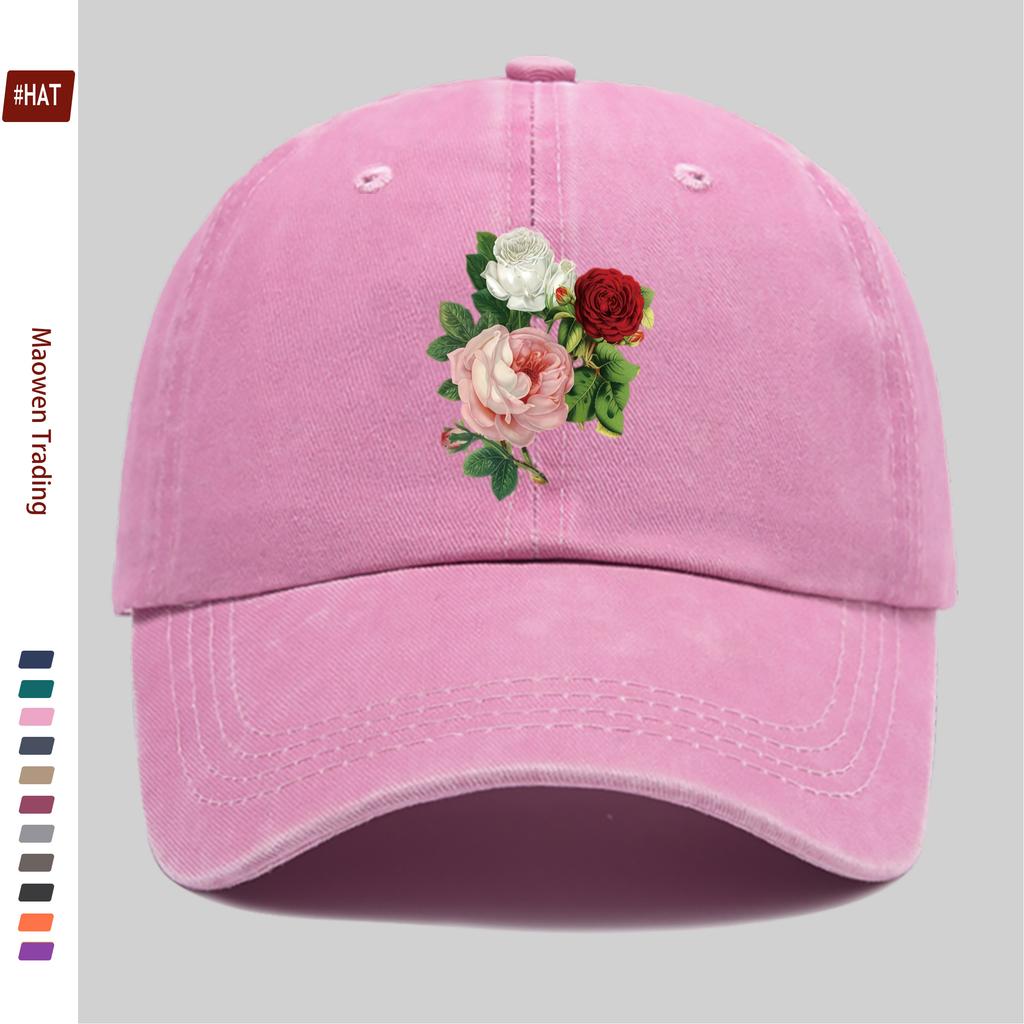 pc Creative White Rose Floral Print Baseball Cap Breathable and Lightweight HipHop Hat with Red and Pink Flower Patterns Wom