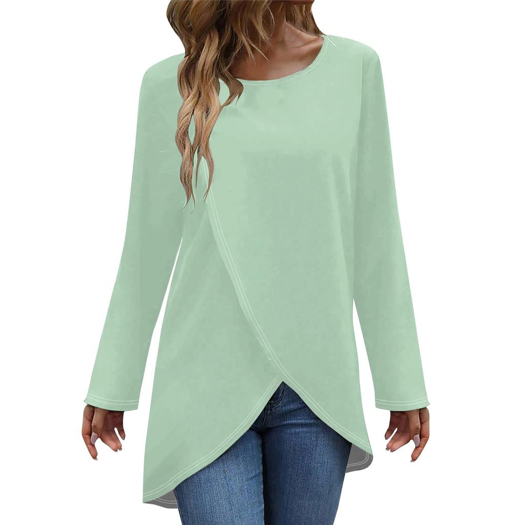 Женская модная повседневная однотонная футболка с длинным рукавом и круглым вырезом с перекрестным подолом, топ