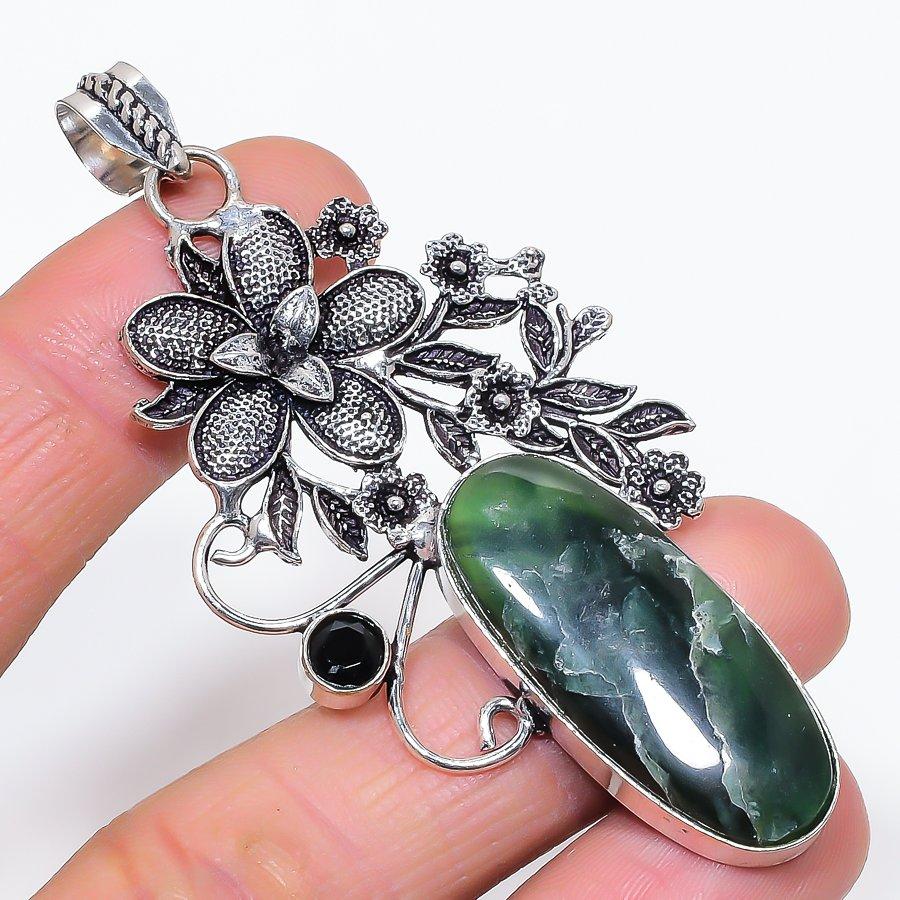 Нефрит, шпинель, ручная работа, серебряный кулон 925 пробы, 3,15 дюйма, p9f73