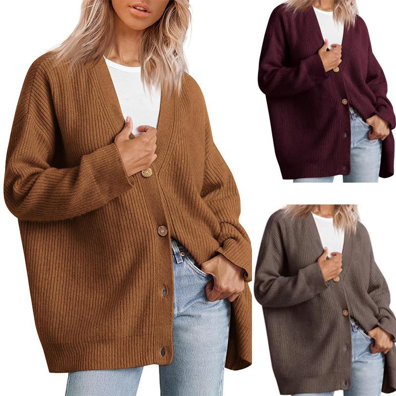 Women’s Casual Solid Knitted Cardigan Sweater V-neck Long Sleeve Button Down Warm Sweater for Lady Soft Comfortable Warm Simple Sweater