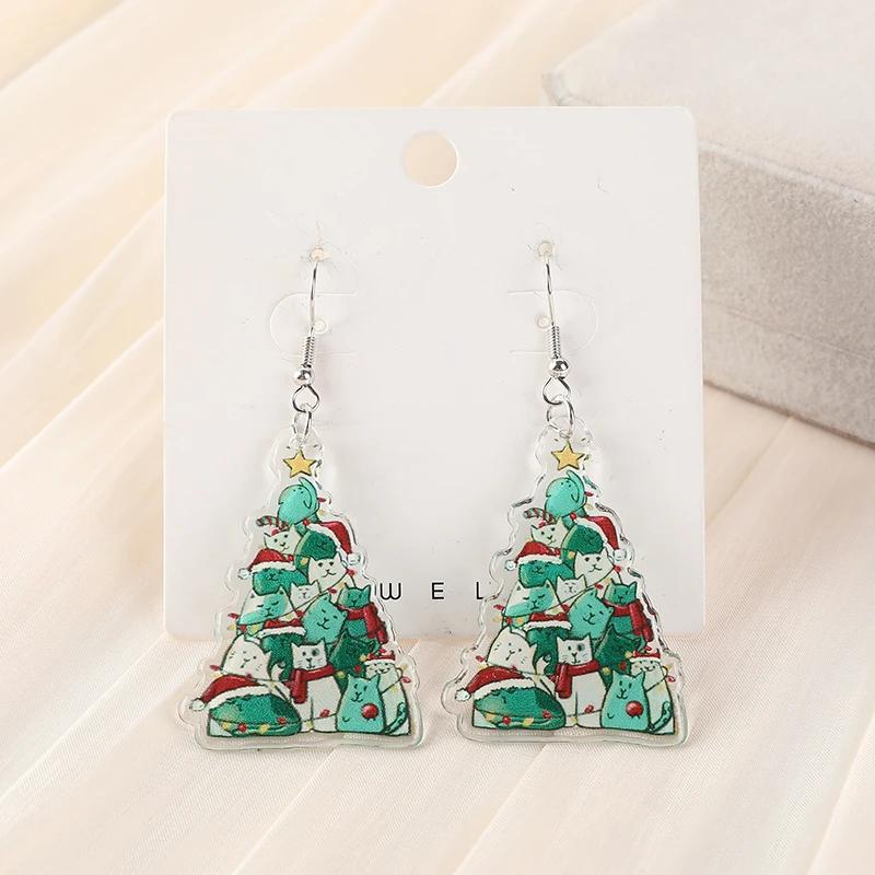 1Pair Christmas Drop Earrings Creative Acrylic Cute Cat Tree Raccoon Fashion Jewelry For Woman Girl Holiday Birthday Gift