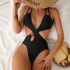 2025 European & American Slimming Hollow-Out Solid Color One-Piece Bikini Swimsuit