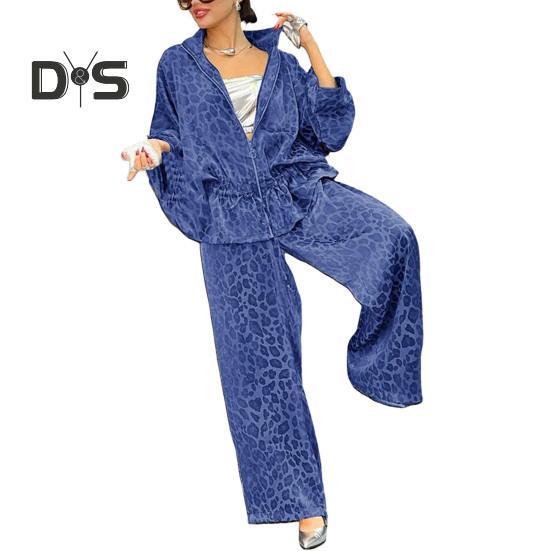 Комплект из 2 предметов: женская рубашка и брюки, леопардовый принт, застежка-молния, длинный рукав, плиссированный топ, свободные широкие брюки, рабочая одежда для поездок на работу