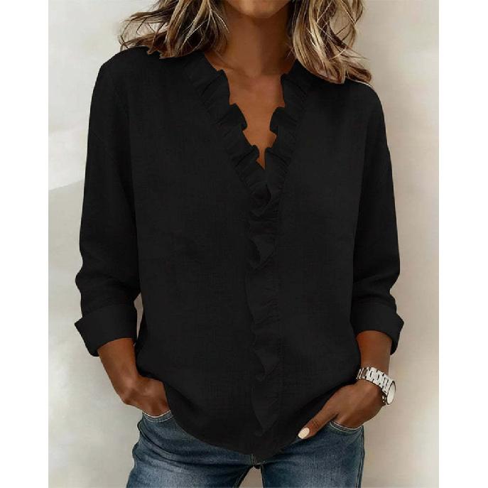 2026 Spring New Women's Ruffled Long-Sleeve Casual Solid Color Shirt
