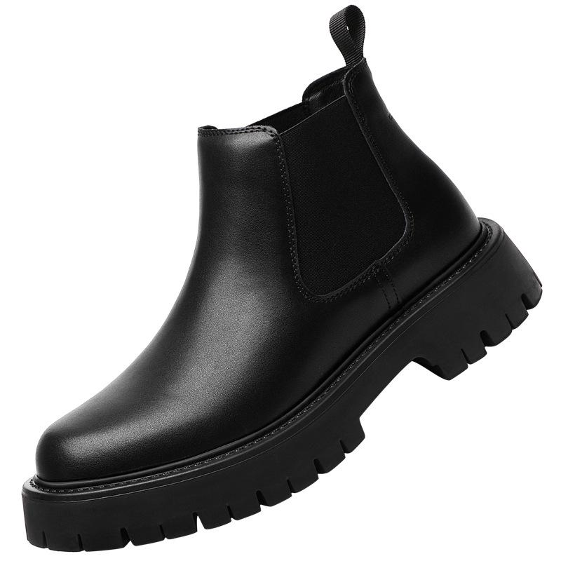 Men's British-Style Chelsea Boots: Thick-Soled, Height-Enhancing, Genuine Leather, Slip-On, Mid-High Top, Autumn/Winter Martin Boots.