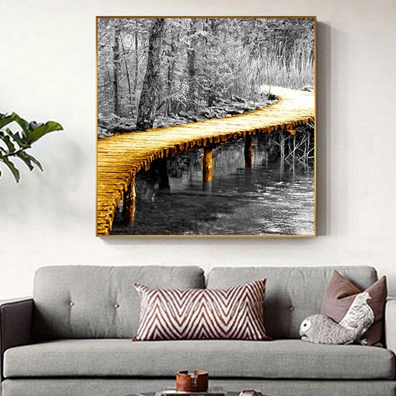 Абстрактная золотисто-желтая картина на холсте с мостом, промышленные постеры для декора гостиной, серая настенная живопись, украшение, фреска