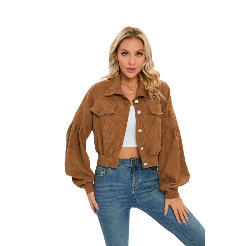 Женская повседневная вельветовая куртка с лацканами, осенне-зимняя однобортная короткая куртка с рукавами-фонариками