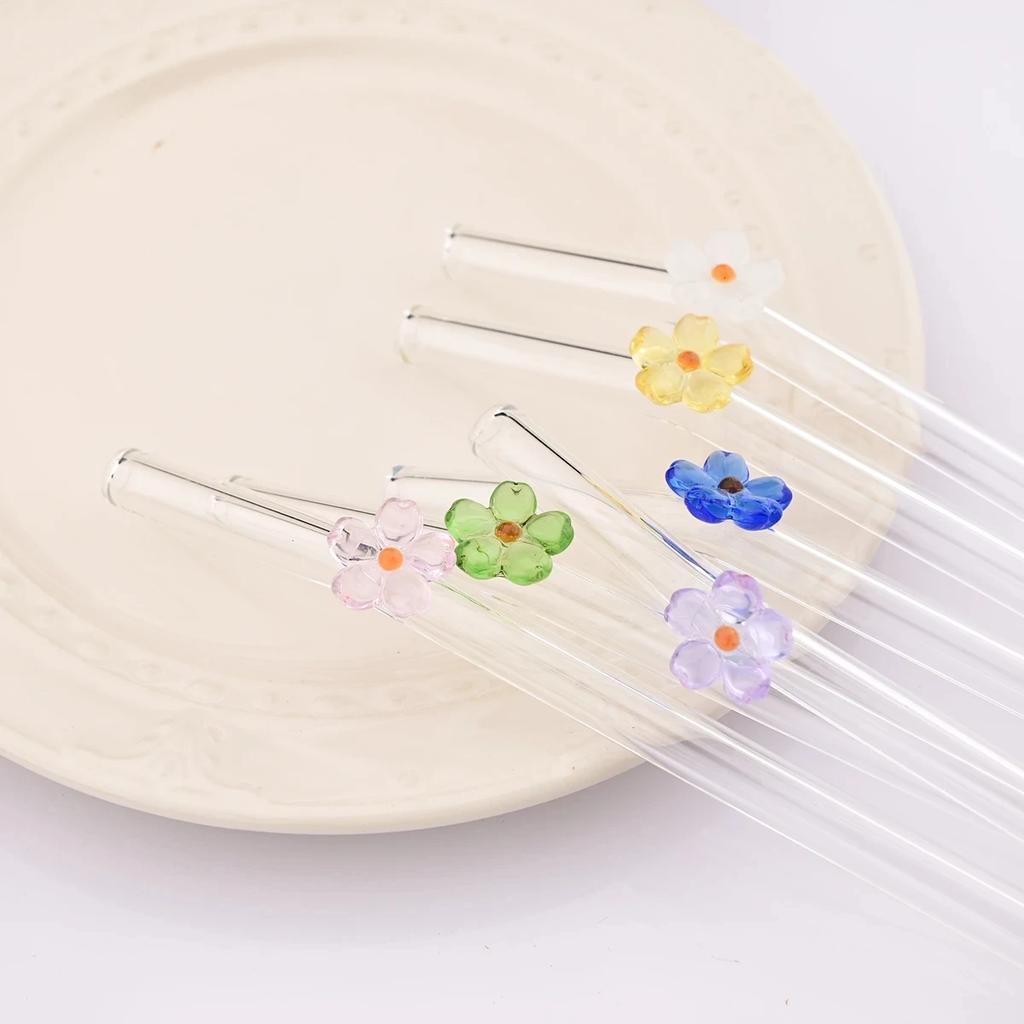 6pcs Flower Drinking Straw Set High Borosilicate Glass Bent Straws Set with Brush Milk Shake Coffee Cocktail Straw Bar Drinkware