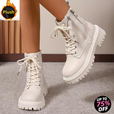 Модные женские зимние ботильоны - Уютная плюшевая подкладка, молния сбоку, круглый носок, нескользящая подошва, повседневные однотонные ботильоны
