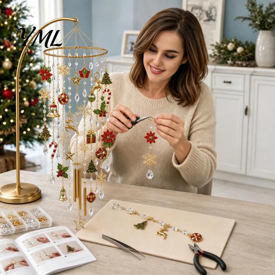 Winter Seasonal Window Hanging Decor DIY Christmas Wind Chime Kit, Faux Crystal Bead Ornament Craft Set Artistic Handmade Gift with Metal Stand,