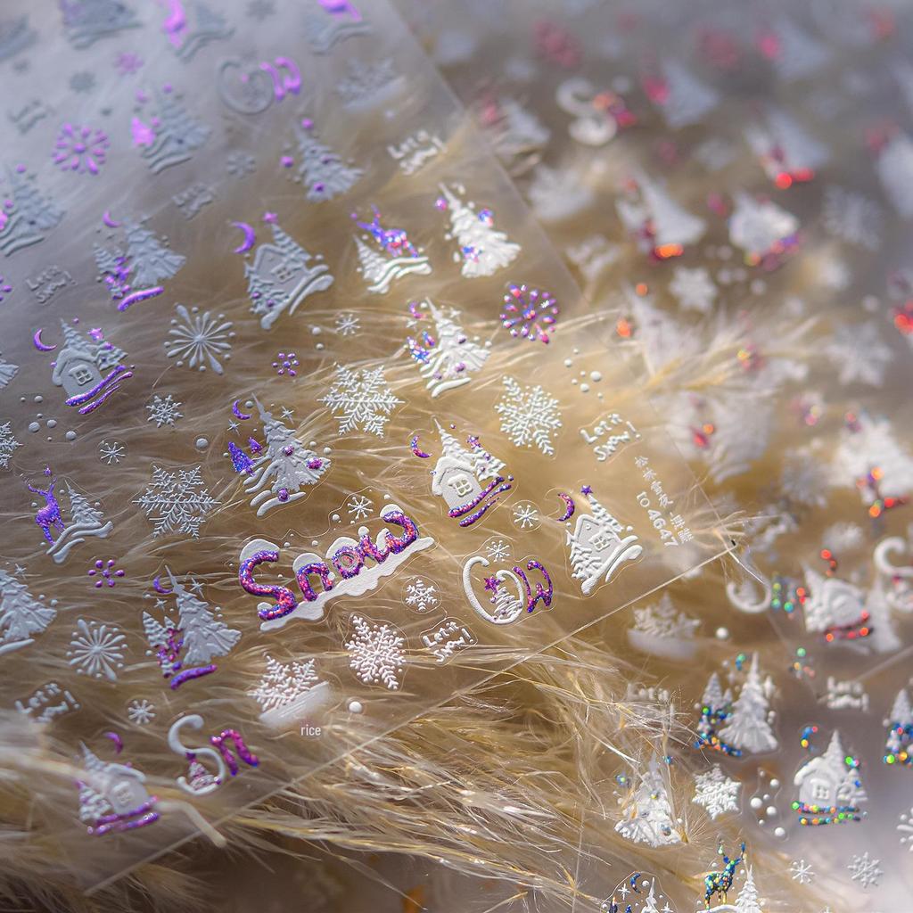 Детские японские наклейки для ногтей с горячим тиснением Tomoni - Снежная ночь в сосновом лесу.