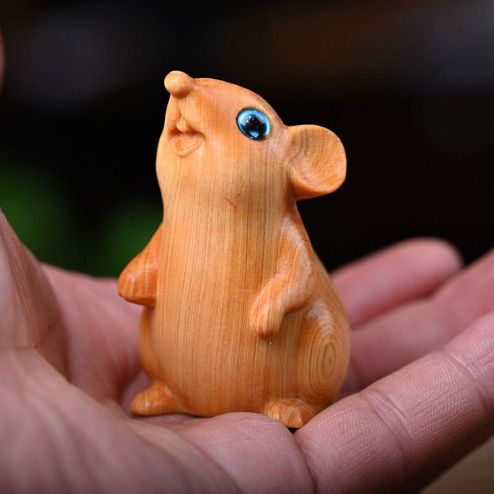 Wood Carved Zodiac Mouse Statuette Cute Animal Figurine Sculpture Crafts Hamster Statue Cabinet