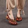 2025 Summer New Leather Sandals Women's Low-heeled Baotou Flowers Ethnic Style Comfortable Versatile Sandals Casual Wear