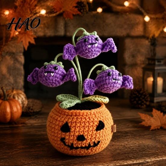 Adorable Crocheted Autumn Decoration Handmade Crochet Pumpkin, Halloween Pumpkin Ornament with Cute Ghost Bat Cozy Knitted Desk Accessory Flowers,