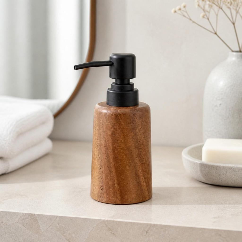 Walnut Wood Pump Dispenser Bottle Refillable Wooden Pump Bottle with Side Nozzle for Bathroom, Kitchen