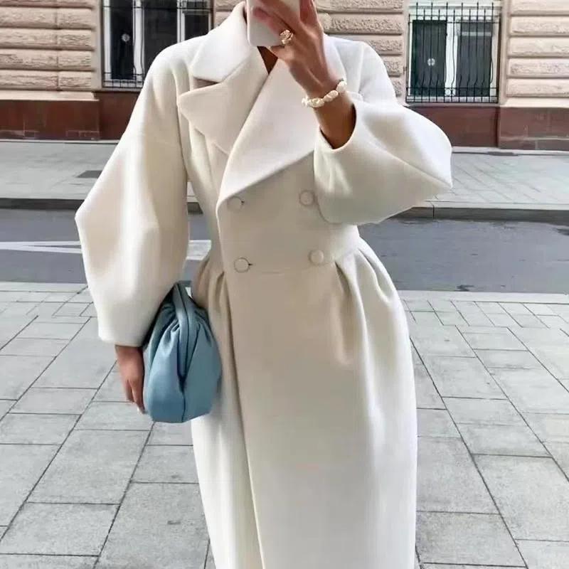 Женское элегантное двубортное длинное пальто из шерстяной смеси, зимнее пальто с большими лацканами и поясом, модная приталенная верхняя одежда в дворцовом стиле