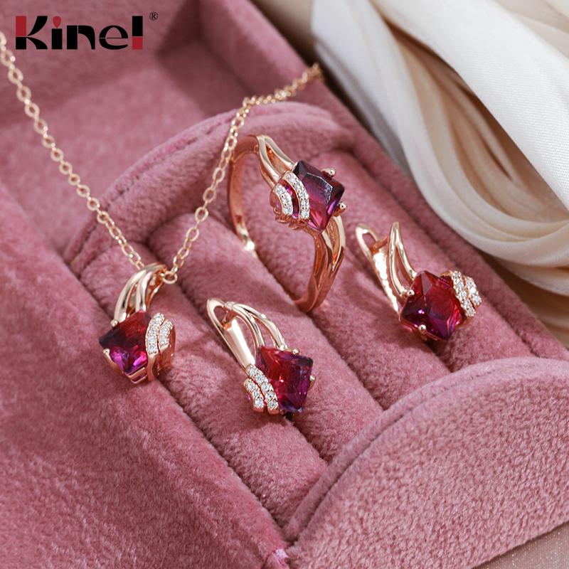 Kinel Shiny Red Natural Zircon Jewelry Sets Rose Gold Color Vintage Necklace Earrings And Ring Sets