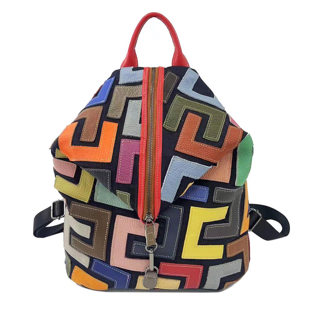 Рюкзак кожаный женский цветной коровья кожа сращивание рюкзак ретро повседневная женская сумка