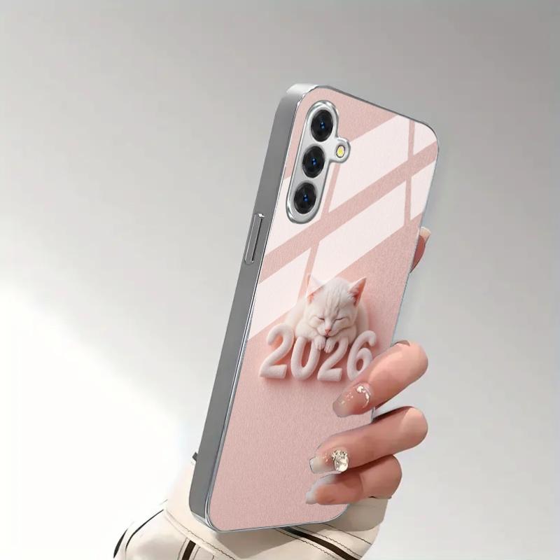 Розовый милый мультяшный узор с кошкой Чехол для телефона для Samsung Galaxy S26 S25 S24 S23 S22 S21FE Ultra Plus Позолоченный Стеклянный жесткий чехол