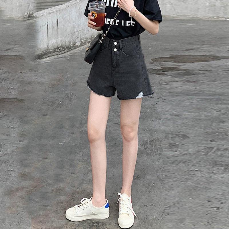 Wowen Classic and Minimalist Fashion Versatile Black Female Summer Broken Holes Wide-legged Pants A Word Loose Ragged Edge Shorts Female Denim Shorts