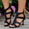 Summer Women's Shoes 2024 Fashionable Open Toe Women's High Heels Large Size Casual Sequined Women's Stiletto High Heel Sandals