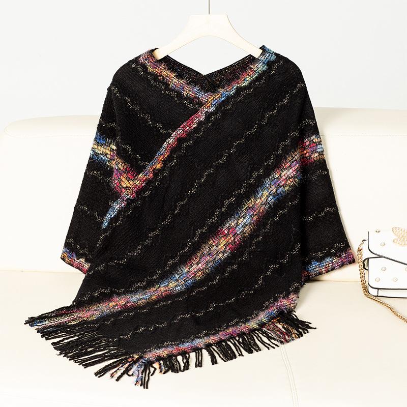 Women's Autumn and Winter Large Size V-neck Casual Cape Colorful Striped Tassel Knitted Shawl Sweater Jacket 7 Colors