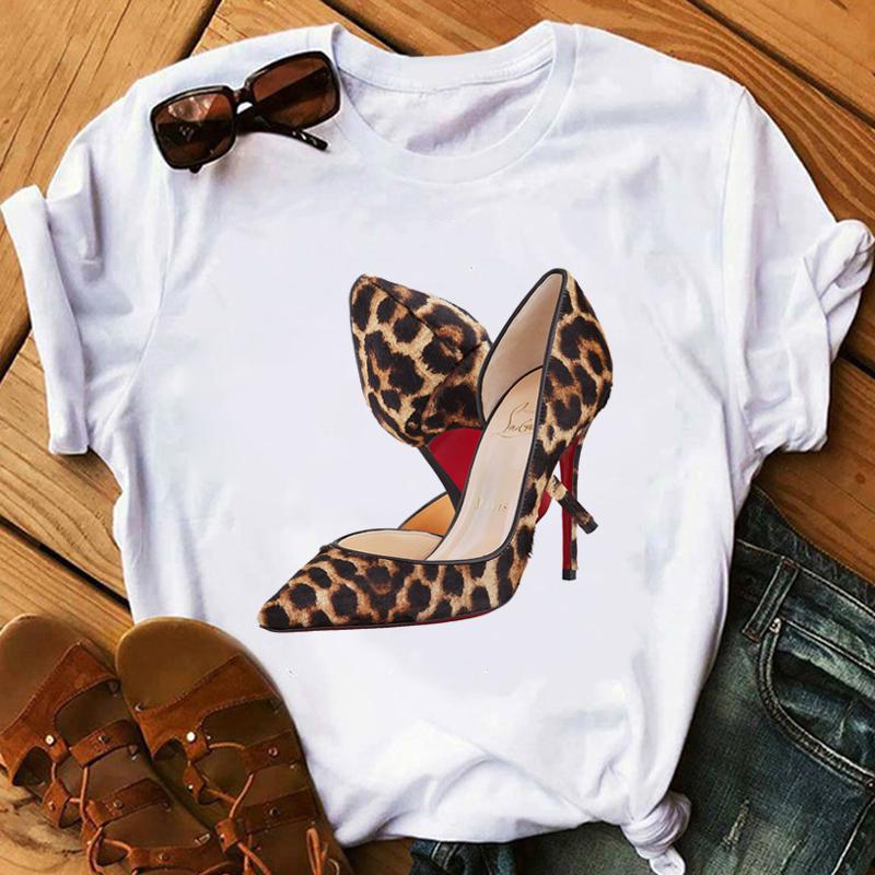 New Women's T-Shirt Pink High Heel Top Female T Shirts Lady Luxury Make Up Paris Style Shirt Harajuku Summer Tops Short Clothes