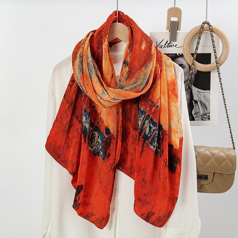 Art Print Wrinkle Pashmina Soft Satin Scarf Large Shawl Wrap